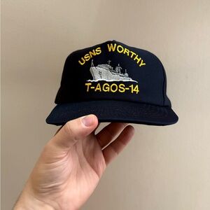 USNS Worthy VTG 80s Navy Marines black snapback hat OSFA Made in USA